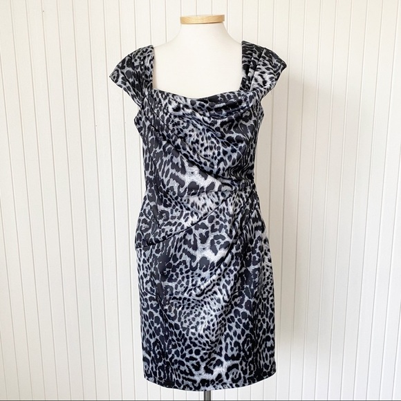 NWT Tadashi Shoji Grey & Black Animal Print Cocktail Dress Cap Sleeve Size 10 - Picture 1 of 16